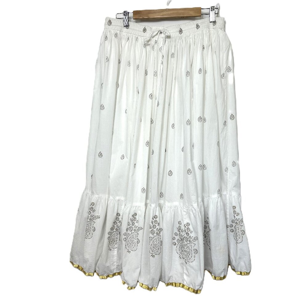 For the Republic White Gold Paisley 100% Cotton Gathered Midi Skirt sz XL